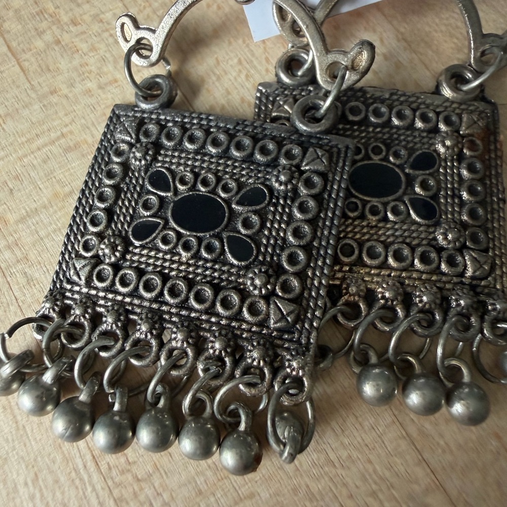 Ornate Square Dangle Earrings with Black Inlay